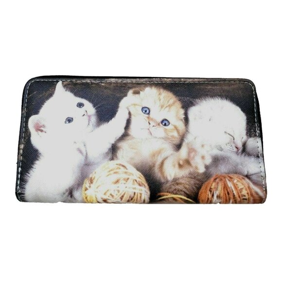 Kittens Cat Zip Around Wallet Kitten Faux Leather Gift for Her Crazy Cat Lady - Picture 1 of 5